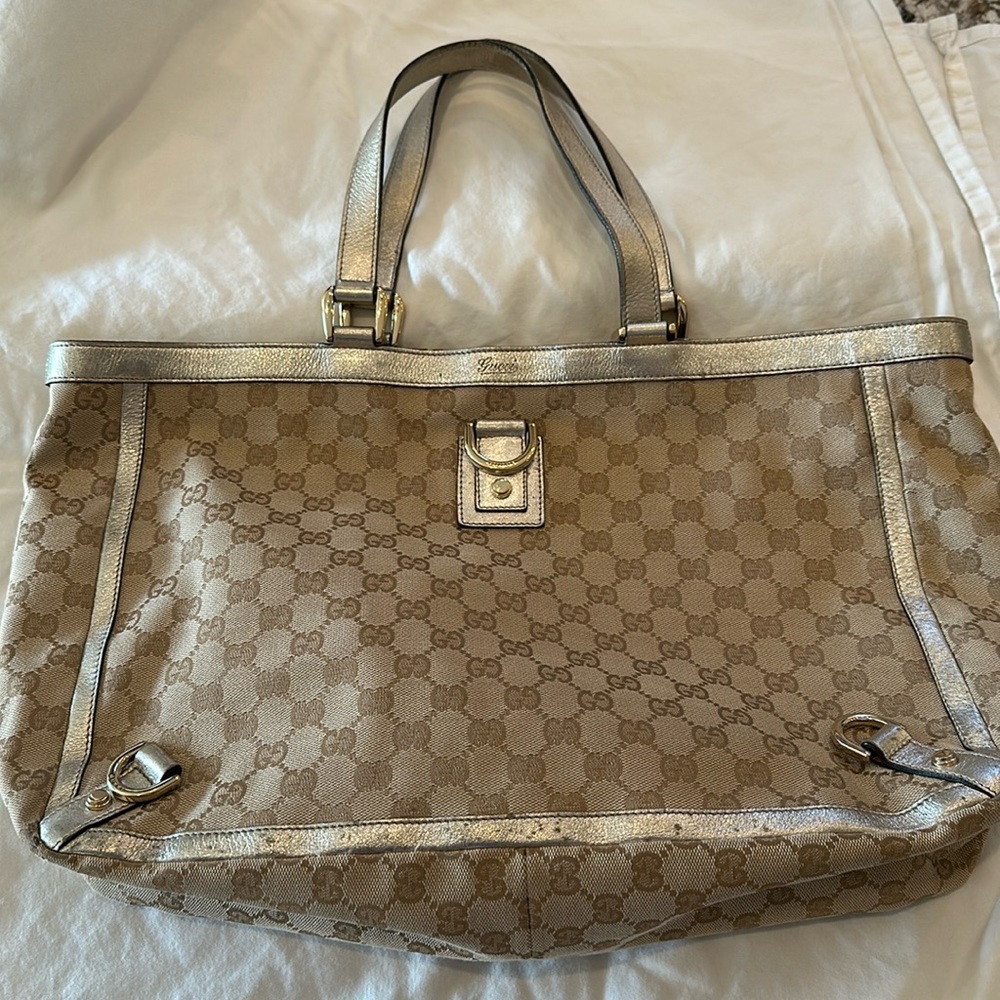GUCCI Abbey GG Beige Canvas Metallic Leather Shoulder Bag E/W Tote Vintage